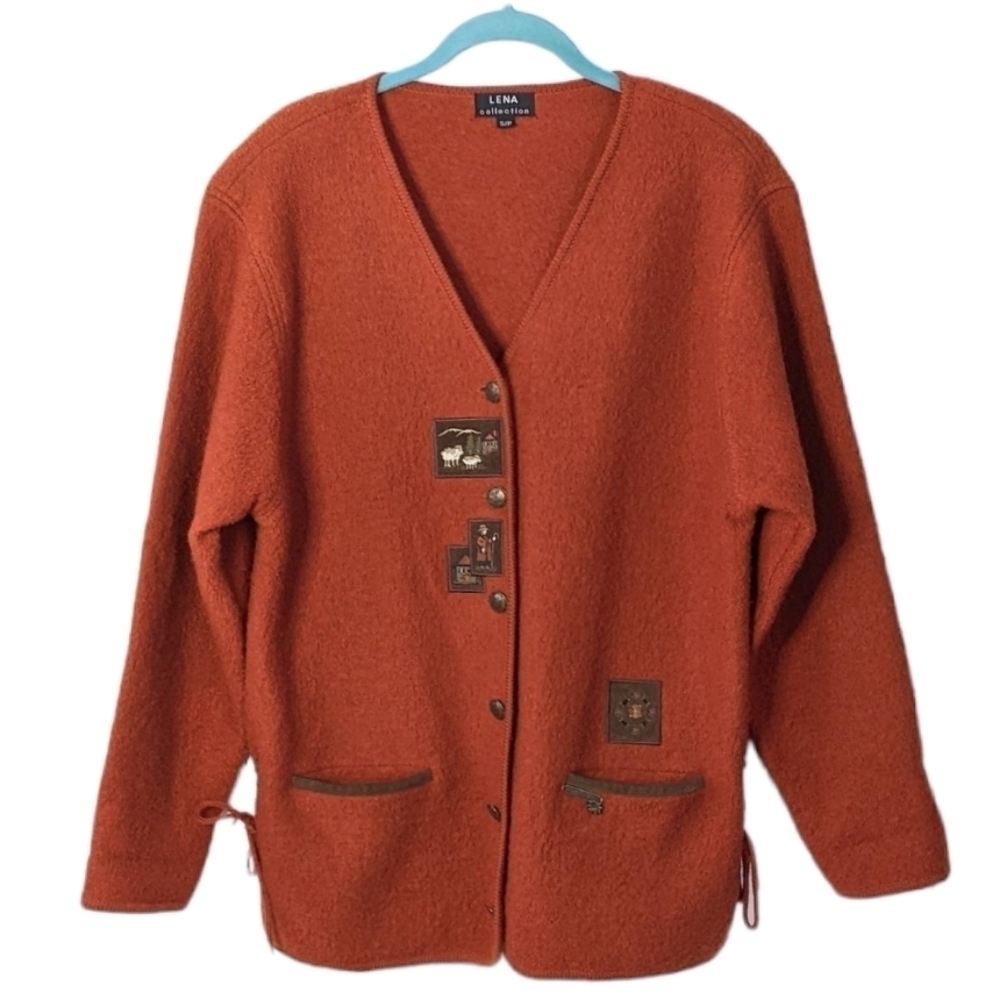Vintage Lena collection boucle knit embroidered wool cardigan rust brown Small